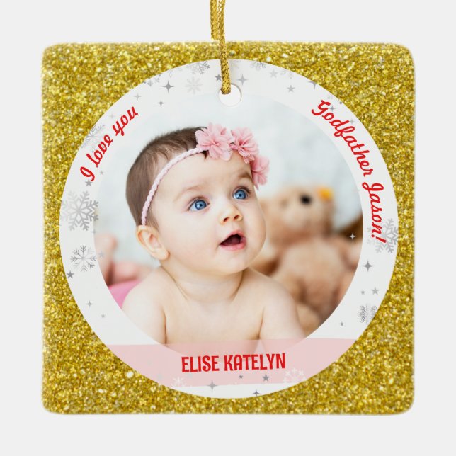 Modern 2 Photos Baby Girl 1st Christmas Godfather  Ceramic Ornament (Front)