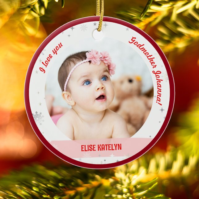 Modern 2 Photos Baby Girl 1st Christmas Godmother Ceramic Ornament (Cute Modern Elegant Personalized First Christmas Baby I love you Godmother Baby Girl 2 Photos Snow)