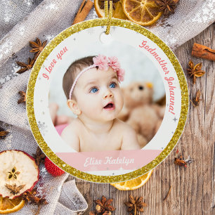 Modern 2 Photos Baby Girl 1st Christmas Godmother  Ceramic Ornament