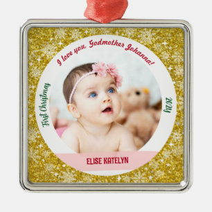 Modern 2 Photos Baby Girl 1st Christmas Godmother  Metal Ornament