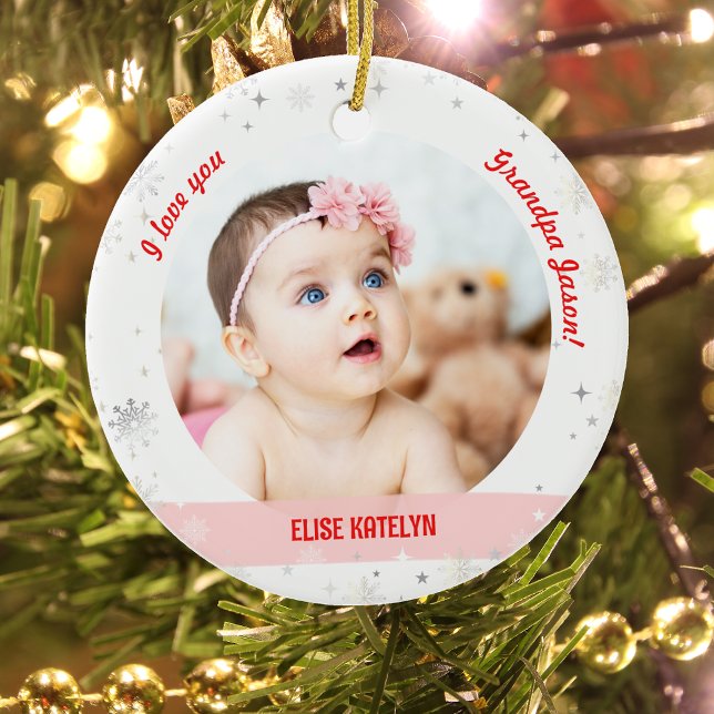 Modern 2 Photos Baby Girl First Christmas Grandpa Ceramic Ornament (Modern, Cute, Elegant I love you, Grandpa! First Christmas Newborn Baby Girl. 2 Photos. Snowflakes)
