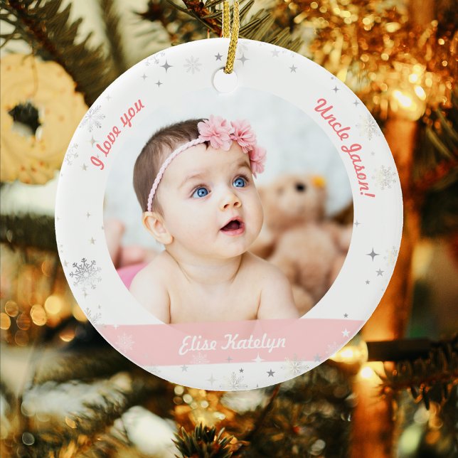 Modern 2 Photos Baby Girl First Christmas Uncle Ceramic Ornament (Modern Elegant Cute My First Christmas Baby Girl I love you Uncle Name 2 Photos Snowflakes Stars)