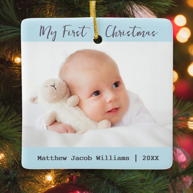 Modern 2 Photos Baby's First Christmas Keepsake Ceramic Ornament (A personalized Christmas tree ornament for baby's first Christmas, with custom photos and text)