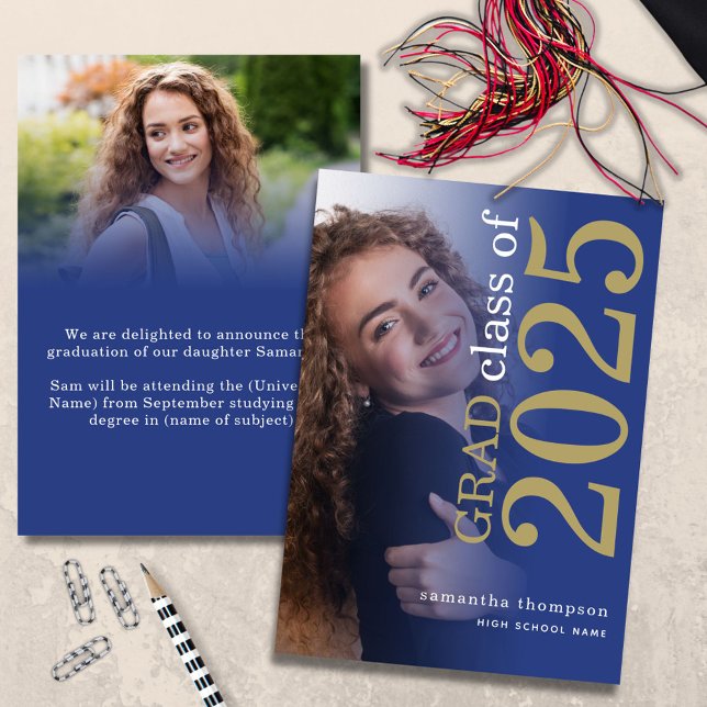 Modern 2 photos Blue Gold 2025 Graduation Announcement (front and back view)