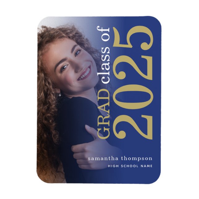 Modern 2 photos Blue Gold 2025 Graduation Magnet (Vertical)