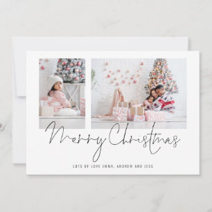 Modern 2 Photos Family Script Merry Christmas Holiday Card