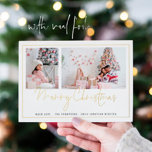 Modern 2 Photos Script Merry Christmas Foil Holiday Card