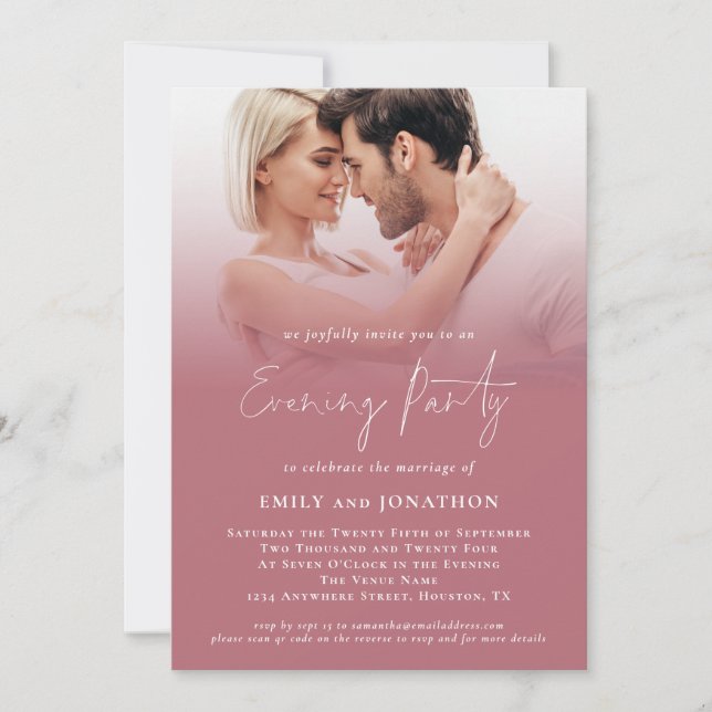 Modern 2 Photos Script Rose Gold Wedding Evening Invitation (Front)