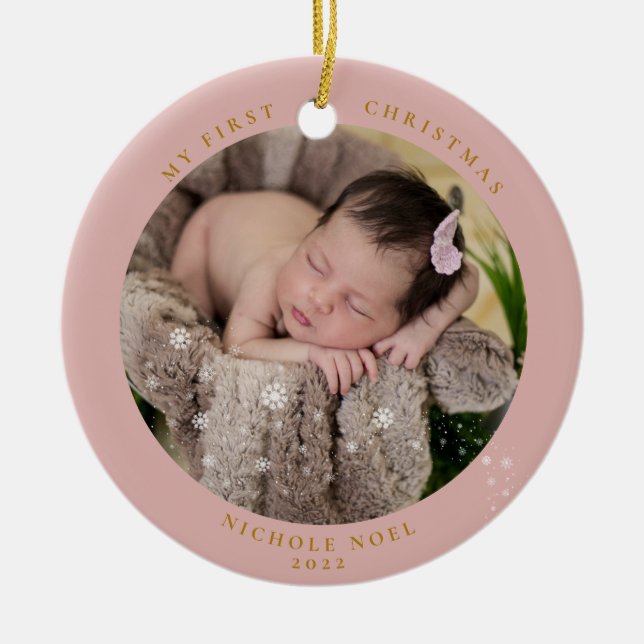 Modern 2-sided My First Christmas Snowflake Photo  Ceramic Ornament (Front)