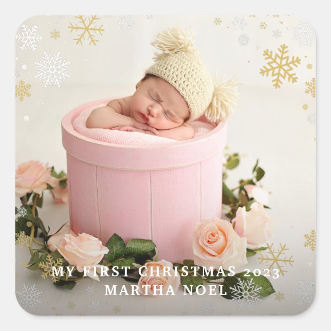 Modern 2-sided My First Christmas Snowflake Photo  Square Sticker (Front)