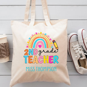 Modern 2nd Grade Rainbow Teacher Personalised Tote Bag