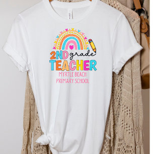 Modern 2nd Grade Rainbow Teacher  School Name  T-Shirt