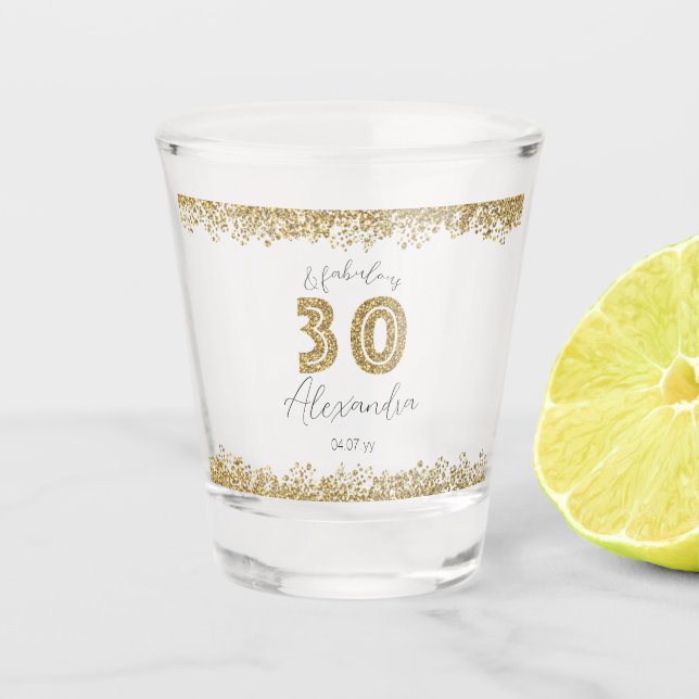 Modern 30 and Fabulous Gold Gitter Personalised Shot Glass (Front)