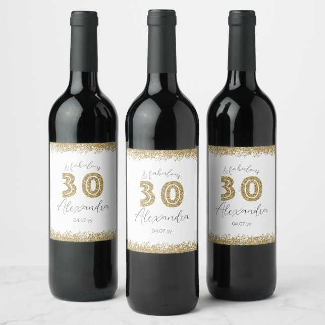 Modern 30 and Fabulous Gold Gitter Personalised Wine Label (Bottles)