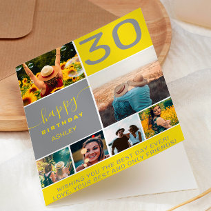 Modern 30 birthday yellow 6 photo collage grid card