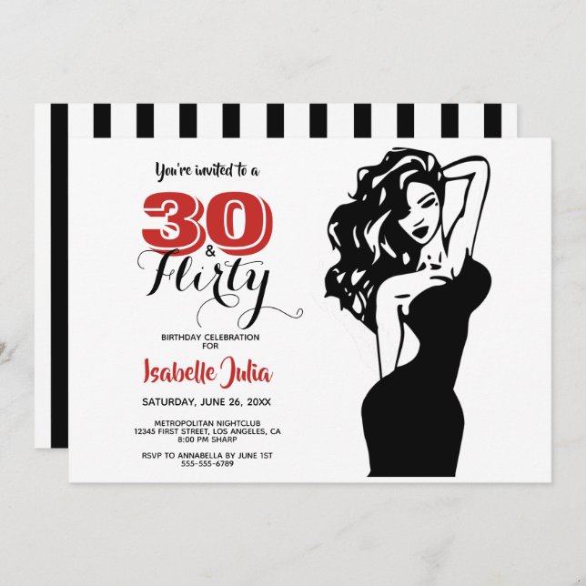 Modern 30 & FLIRTY 30th Birthday Black & Red Invitation (Front/Back)