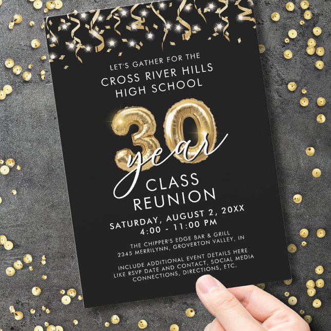 Modern 30 Year Class Reunion Black Gold Streamers Invitation (Creator Uploaded)