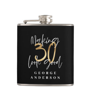 Modern 30th birthday black and gold hip flask