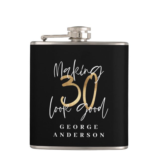 Modern 30th birthday black and gold hip flask (Front)