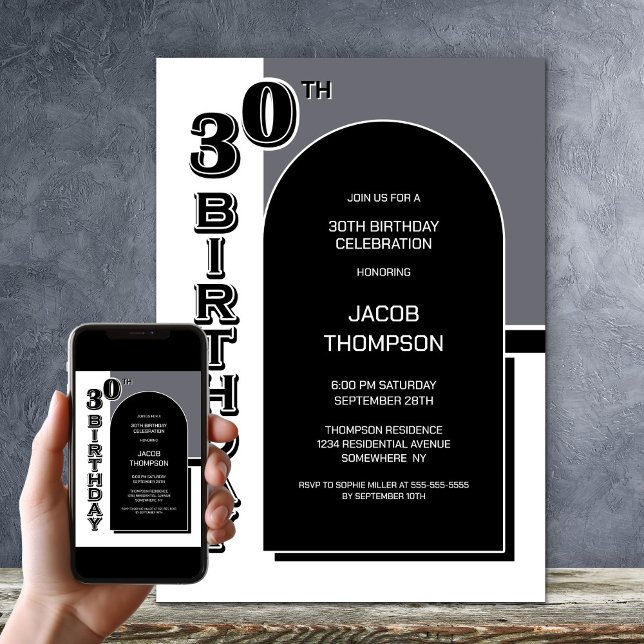 Modern 30th Birthday Black Arch Party Invitation (Creator Uploaded)