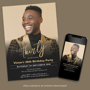 Modern 30th Birthday Black Gold Minimal Photo Invitation