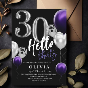 Modern 30th Birthday Black Silver Purple Balloons  Invitation