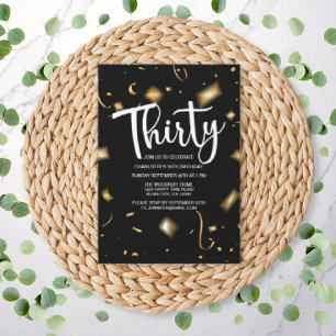 Modern 30th Birthday Black White   Gold Birthday Invitation