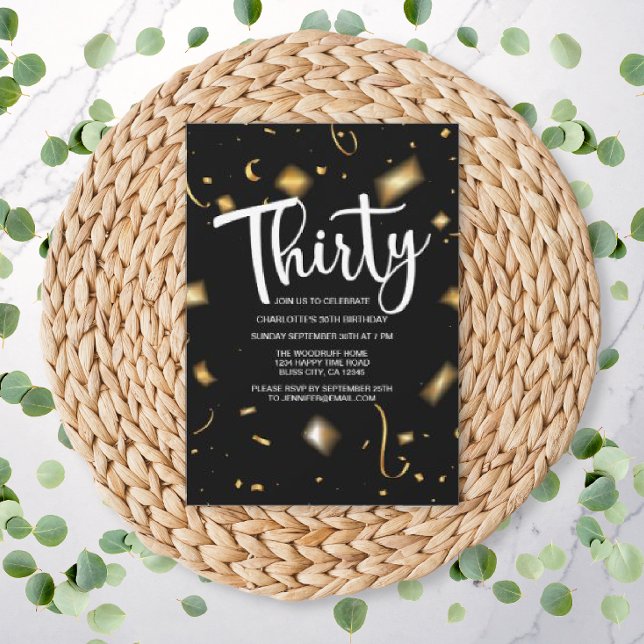 Modern 30th Birthday Black White | Gold Birthday Invitation (Creator Uploaded)