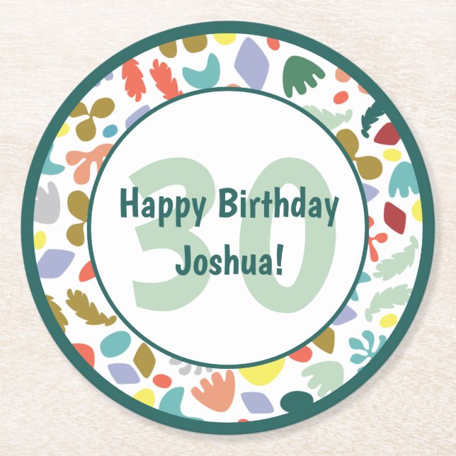 Modern 30th Birthday Custom Name Round Paper Coaster (Front)