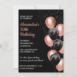 Modern 30th birthday invitation Balloon Black Pink