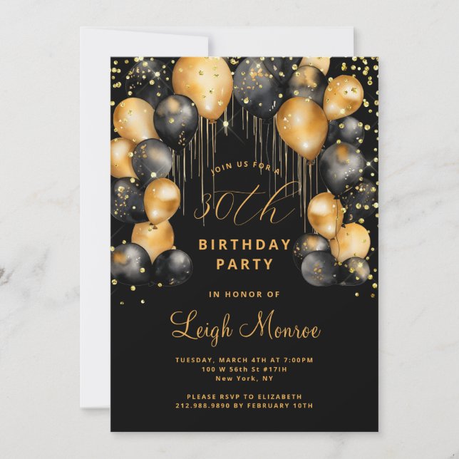 Modern 30th Birthday Party Black Gold  Invitation (Front)