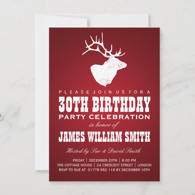 Modern 30th Birthday Party Deer Red Invitation (Front)