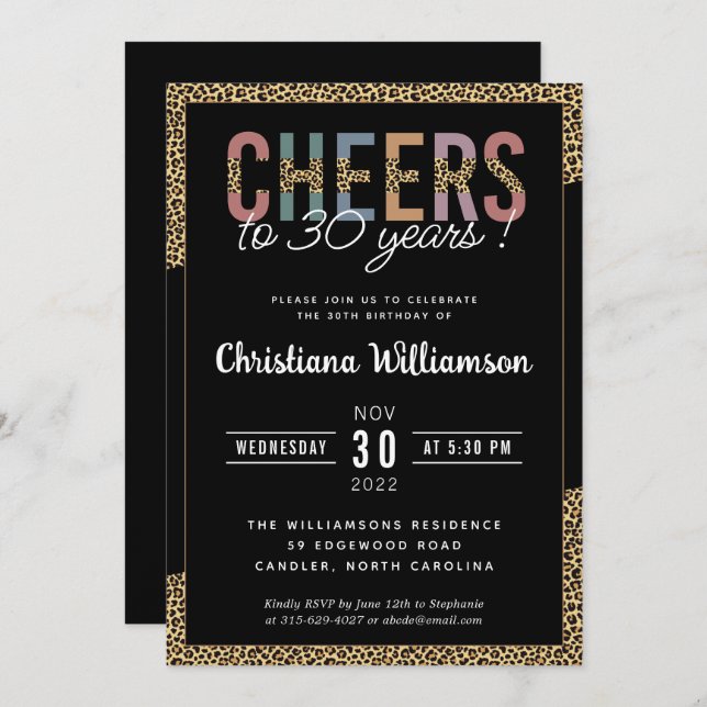 Modern 30th Birthday Party Leopard Print Elegant Invitation (Front/Back)