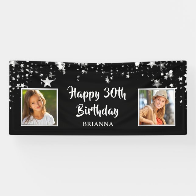 Modern 30th Birthday Photo Black Gold Stars Banner (Horizontal)