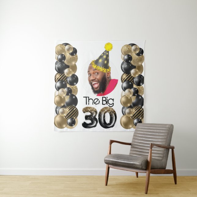 Modern 30th Birthday Photo Black Gold Tapestry (In Situ)