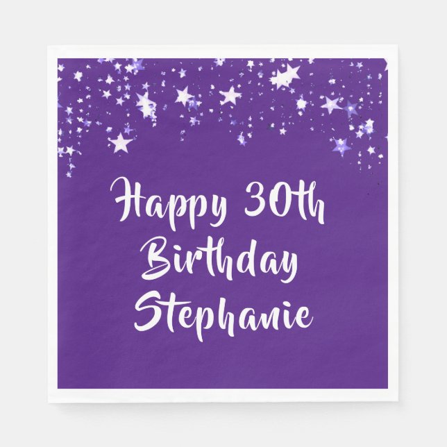 Modern 30th Birthday Purple Brush Script Stars Napkin (Front)