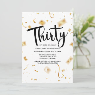 Modern 30th Birthday White Black | Gold Birthday Invitation