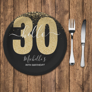  Modern 30th birthday with Golden glitter Paper Plate