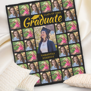 Modern 33 Photo Collage Graduate Black And Gold Fleece Blanket