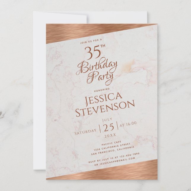 Modern 35th Birthday Marble Copper Oblique Script Invitation (Front)