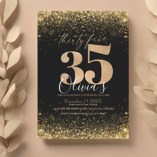 Modern 35th Birthday Party Black Gold Glitter Invitation