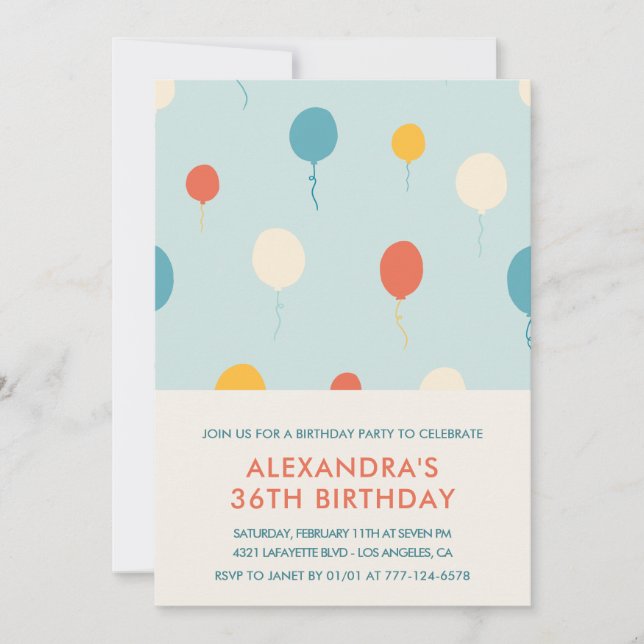 Modern 36th birthday invitations Balloons  (Front)
