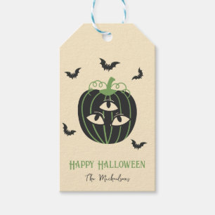 Modern 3 Eyed Pumpkin And Bats Custom Name Gift Ta Tags