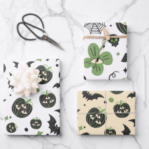 Modern 3-Eyed Pumpkin and Bats Halloween Wrapping Paper Sheet
