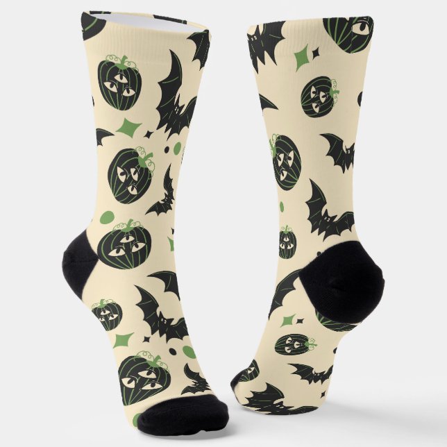 Modern 3 Eyed Pumpkin And Bats Pattern Halloween  Socks (Angled)