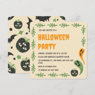 Modern 3 Eyed Pumpkin And Ghost Halloween Party Invitation