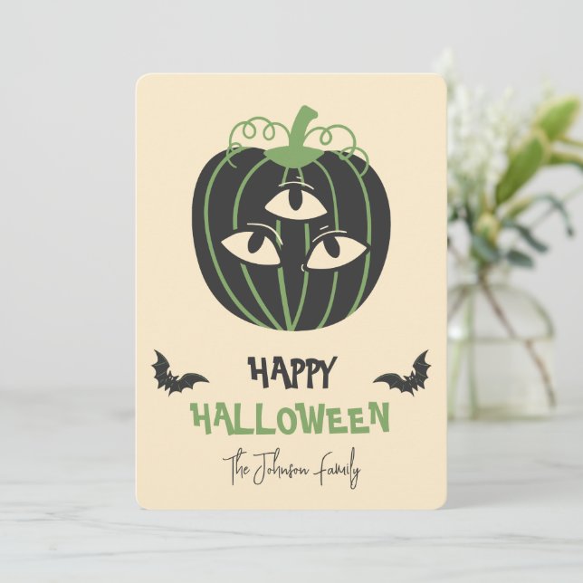 Modern 3-Eyed Pumpkin Happy Halloween Family Name  Card (Standing Front)