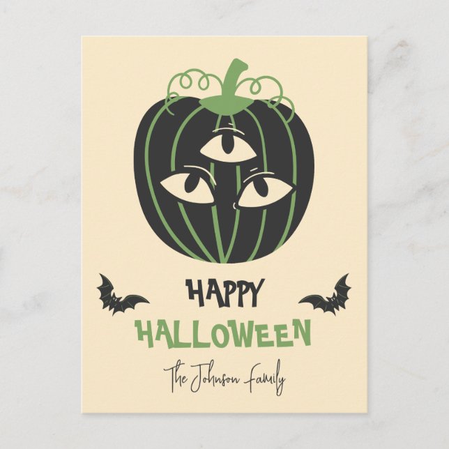 Modern 3-Eyed Pumpkin Happy Halloween Family Name  Postcard (Front)