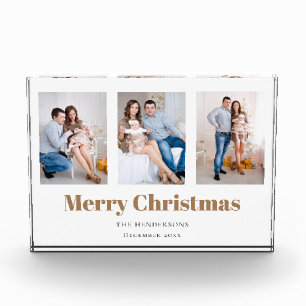 Modern 3 Family Photo Collage Merry Christmas Block