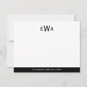 Modern 3 Initial Monogram Black White Stripes Card